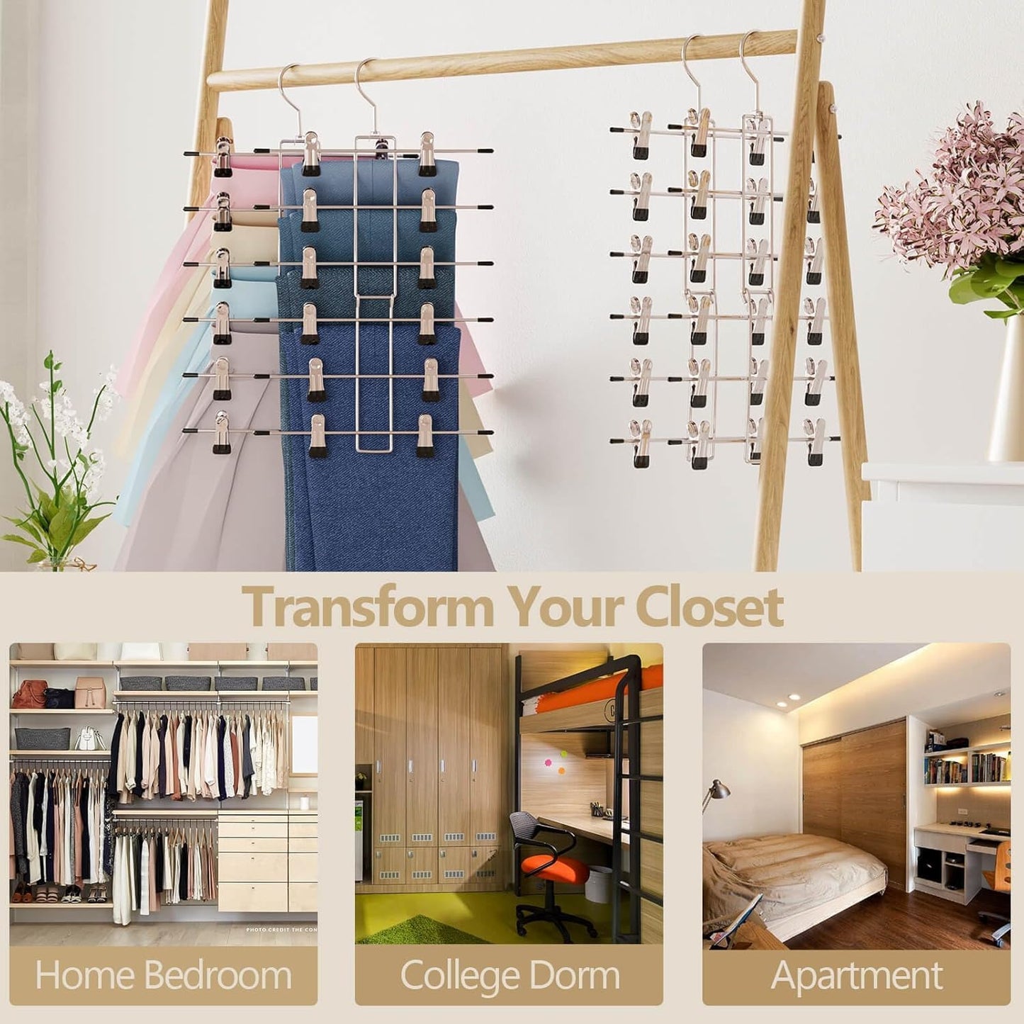Skiennix Pants Hangers with Clips - Space-Saving 6-Tier Closet Organizer | 360° Swivel Hook - 2 Pack
