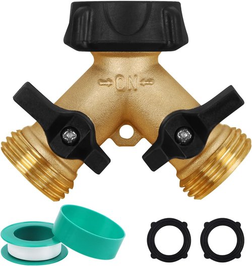 Biswing Garden Hose Splitter - Heavy Duty Brass 2-Way Tap Connector with 2 Valves & Extra Washers