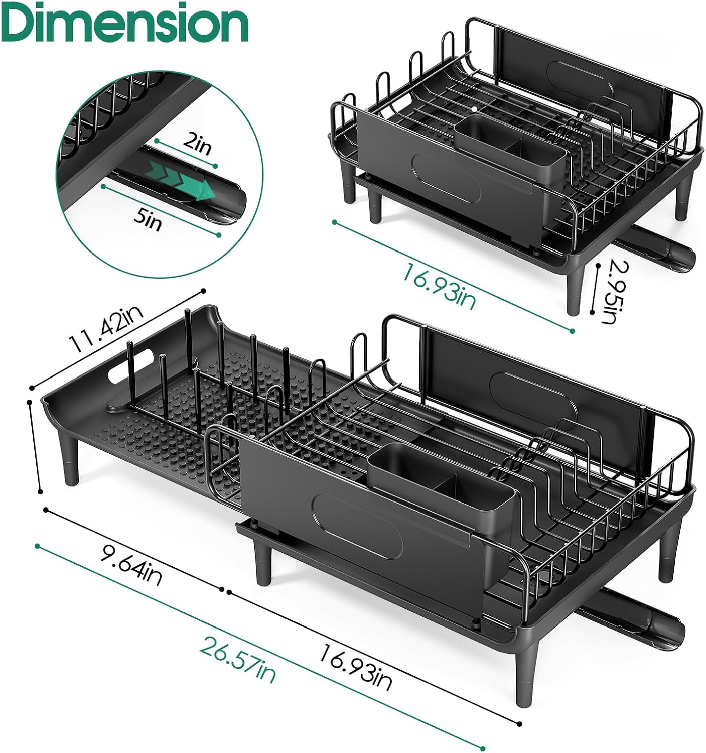 Skiennix Large Extendable Dish Drying Rack - 16.93" to 26.57" Expandable Design with Multifunctional Drainboard