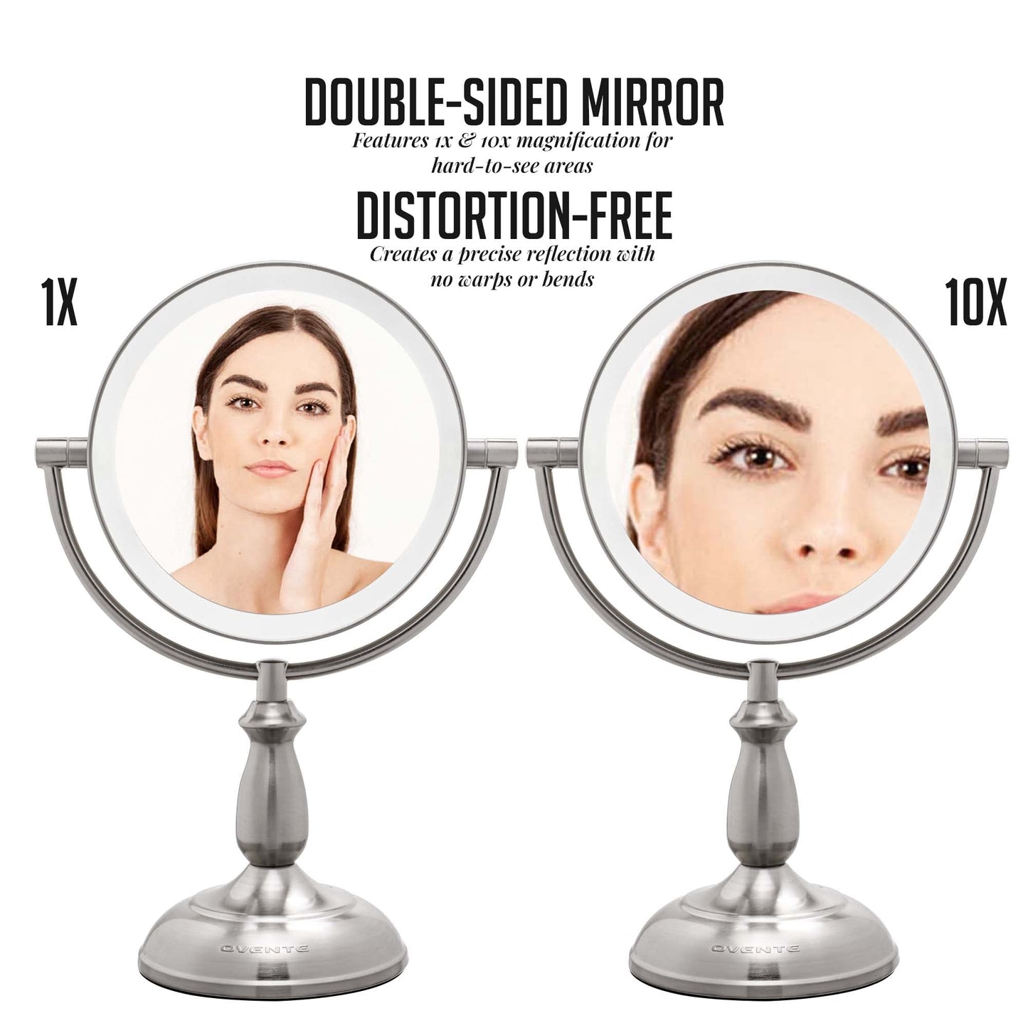 OVENTE 8" Lighted Tabletop Makeup Mirror with 1X/10X Magnification, Double Sided Vanity Mirror, 360° Swivel Design, 3-Tone Smart Touch Glow LED Lights with Auto Shut Off, Nickel Brushed MPT751BR1X10X