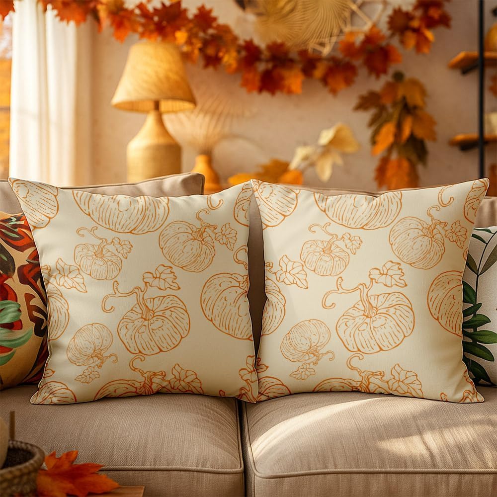 Regine Switzerland Fall Pumpkin Pillow Covers - 18x18 Burnt Orange Farmhouse Decor for Halloween & Thanksgiving