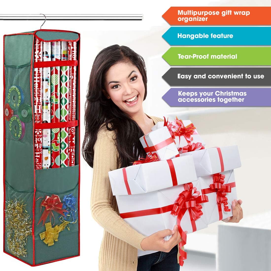 ProPik Christmas Wrapping Paper Storage Bag - Swivel Hanger with Multiple Pockets | Holds 25 Rolls, 40 Inch, Green
