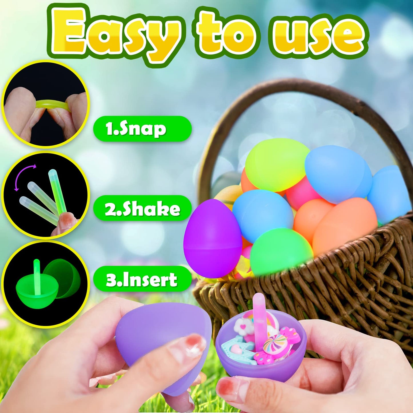 MGparty 72 Easter Glow Eggs with 108 Mini Glow Sticks for Kids Glow-in-The-Dark Easter Egg Hunt, Easter Basket Stuffers Fillers, Party Favors, Classroom Prizes, and Game Supplies