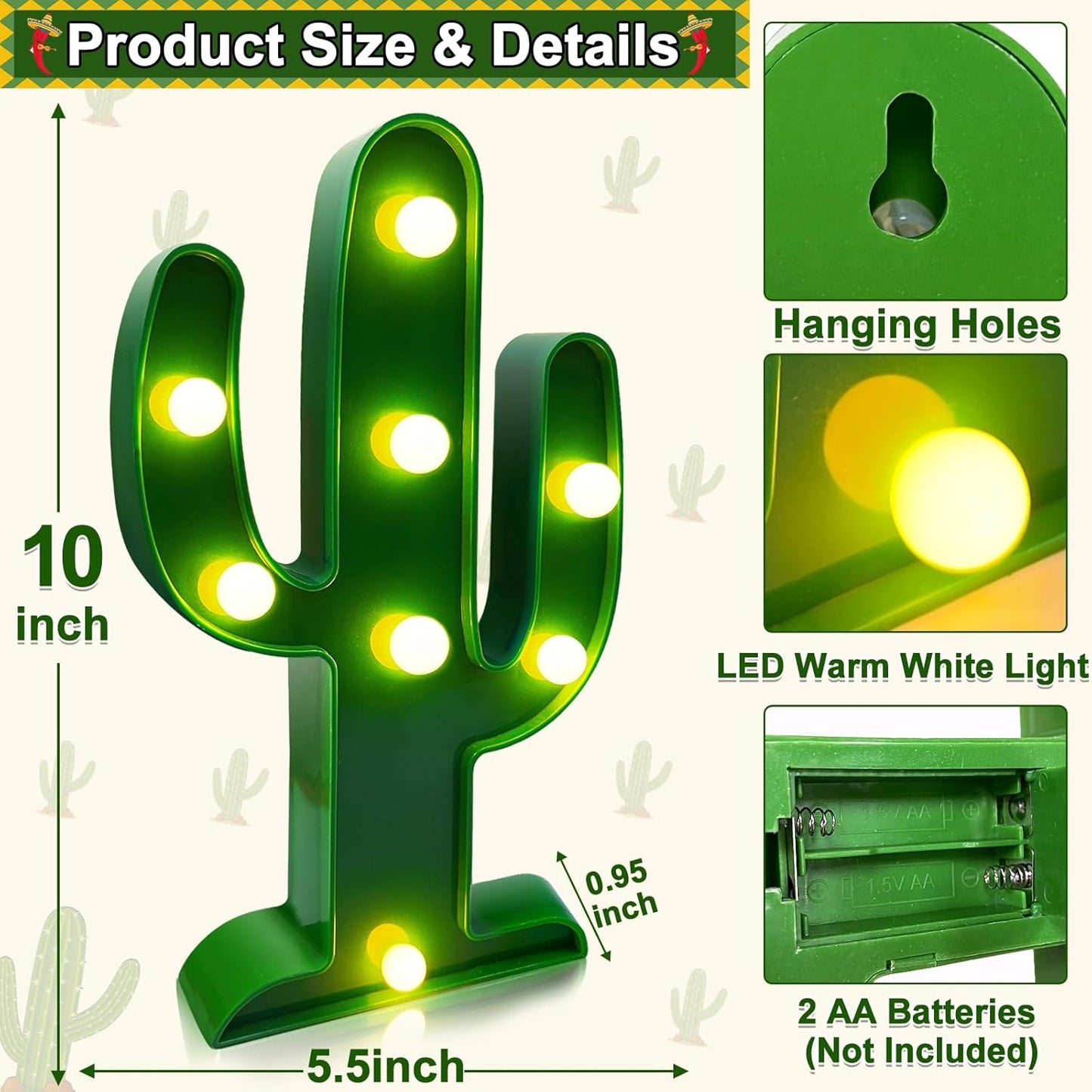 LED Cactus Light by Extra Large | 2-Pack Cute Night Lamp for Cinco de Mayo Decorations - 10 x 5.5 Inch
