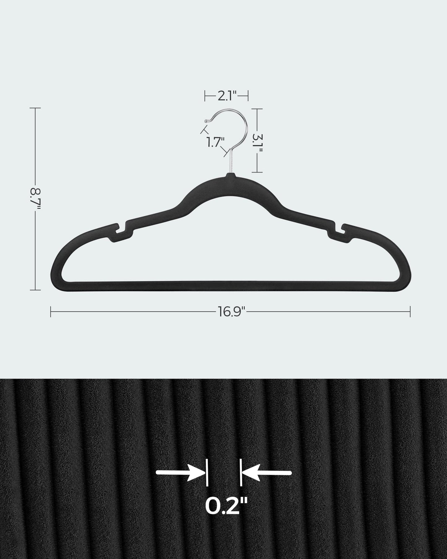 SONGMICS Velvet Hangers 50 Pack, Non-Slip Clothes Hangers, with Shoulder Notches, Pants Bar, 360° Swivel Hook, Space-Saving, for Closet, Ink Black UCRF029B05