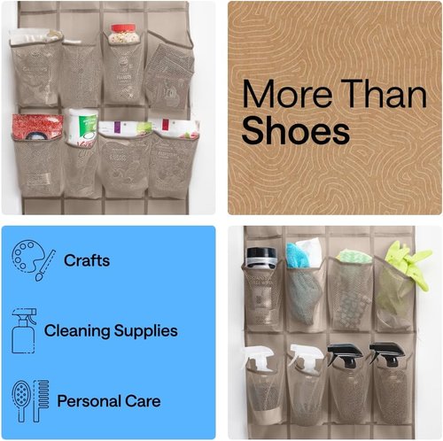 GORILLA GRIP Over The Door Shoe Organizer - 24 Large Breathable Mesh Pockets | Space-Saving Beige Storage Solution
