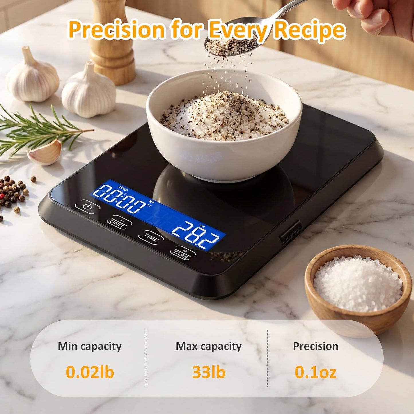Letron Food Scale - 33 lb High Precision Kitchen Scale for Sourdough Bread | Rechargeable, 7 Units, Tare Function