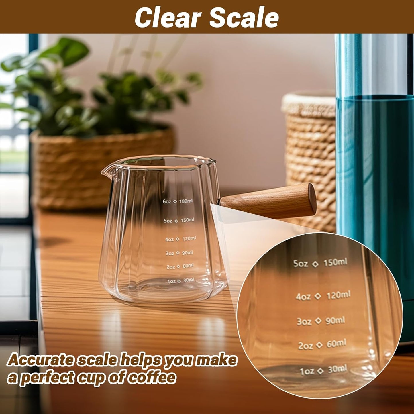 Skiennix Espresso Measuring Cup Set - 6 Oz Glass Cups with Wood Handle for Coffee & Milk Frothing