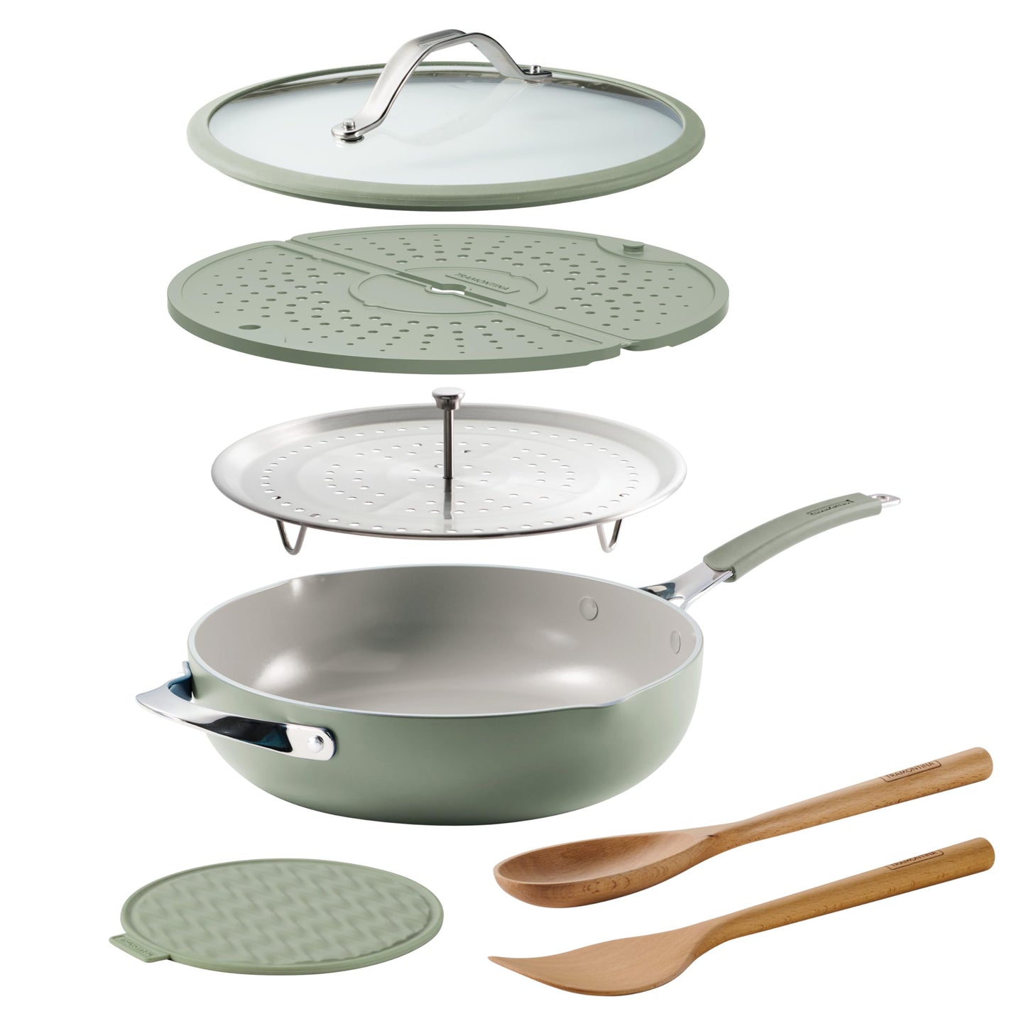 Tramontina Vue All-in-One Plus Pan Set, 5-Quart Ceramic Non Stick Cooking Pan with Glass Lid, Steamer Insert, Beechwood Utensils, Splatter Screen, Pot Holder, Green