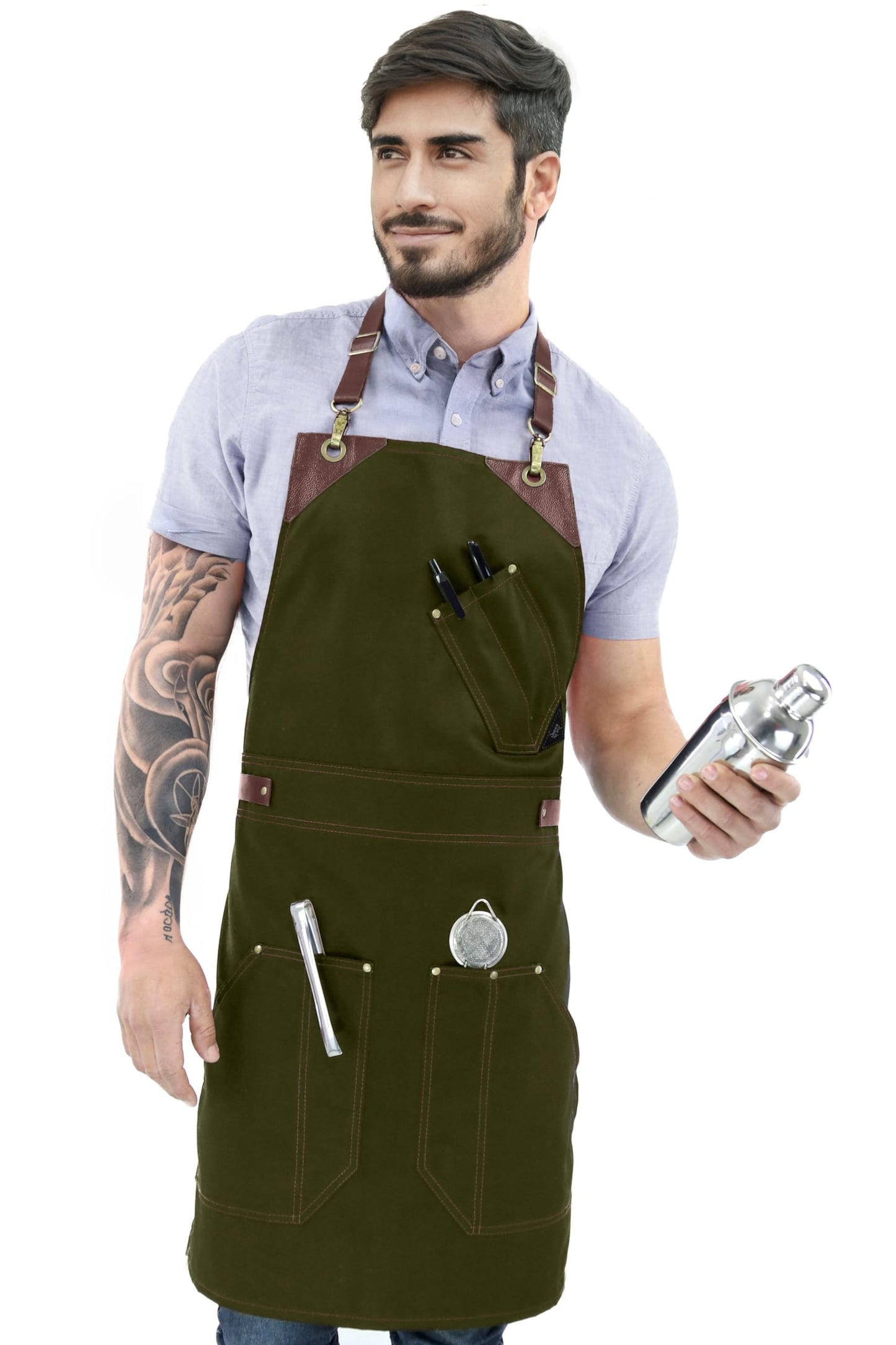 Under NY Sky Barista Apron - Brown Leather Straps and Reinforcement - Riveted Pockets - Double Stiched - Leather Ring Loop - Professional Green Twill - Double as Half Bistro Apron - Chefs, Bartender