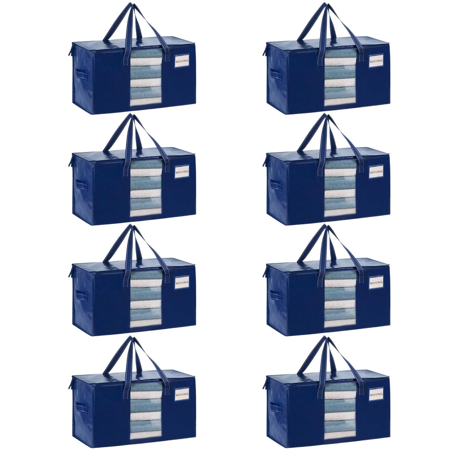 VENO 8 Pack Heavy Duty Moving Bags, Clothes and Comforter Storage Bags with Clear Window, College Dorm Essentials Packing Supplies, Foldable Boxes Alternative (Blue, 8 Pack)