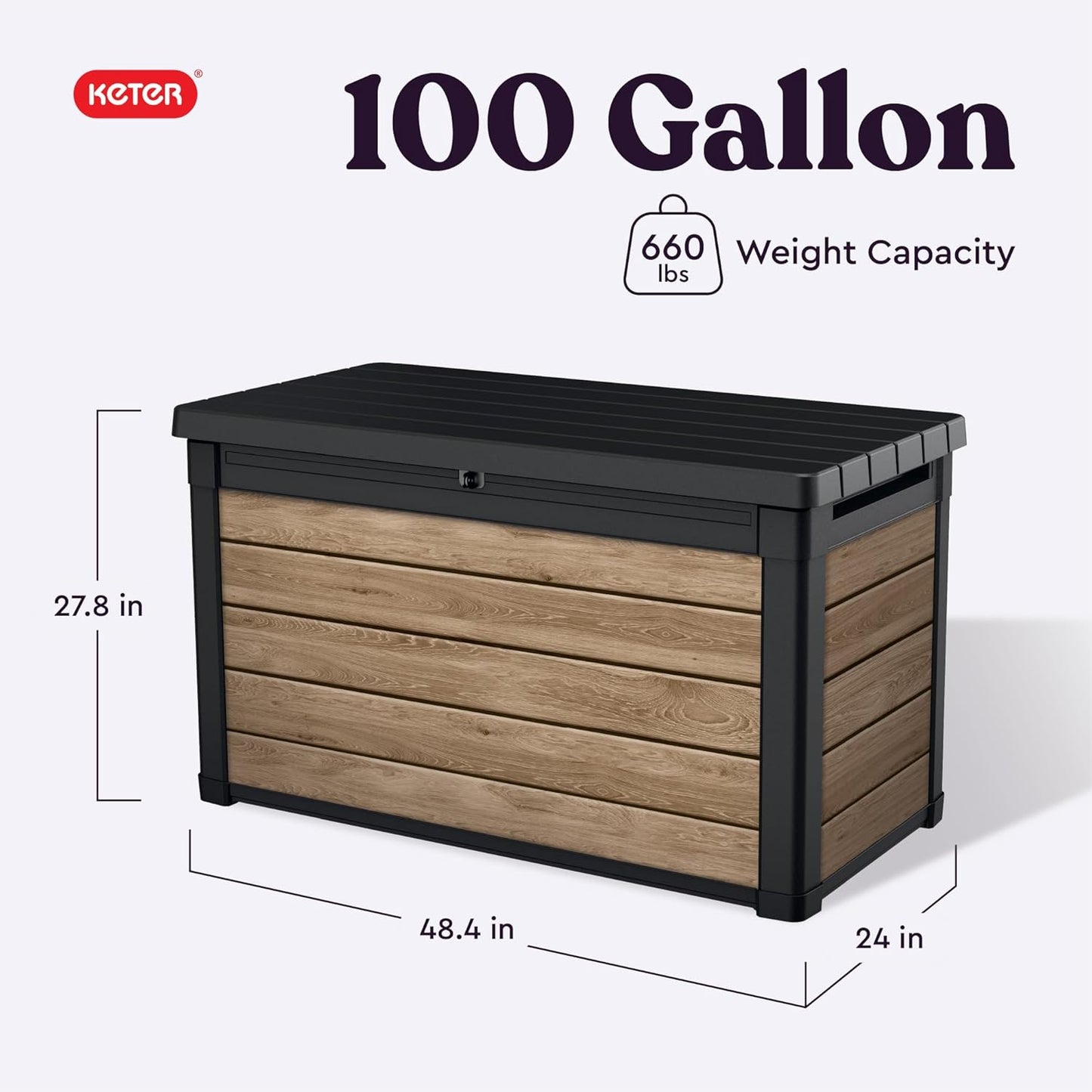 Keter Ashwood 100 Gallon Resin Deck Box - Outdoor Storage for Patio Furniture, Cushions & Tools | Brown