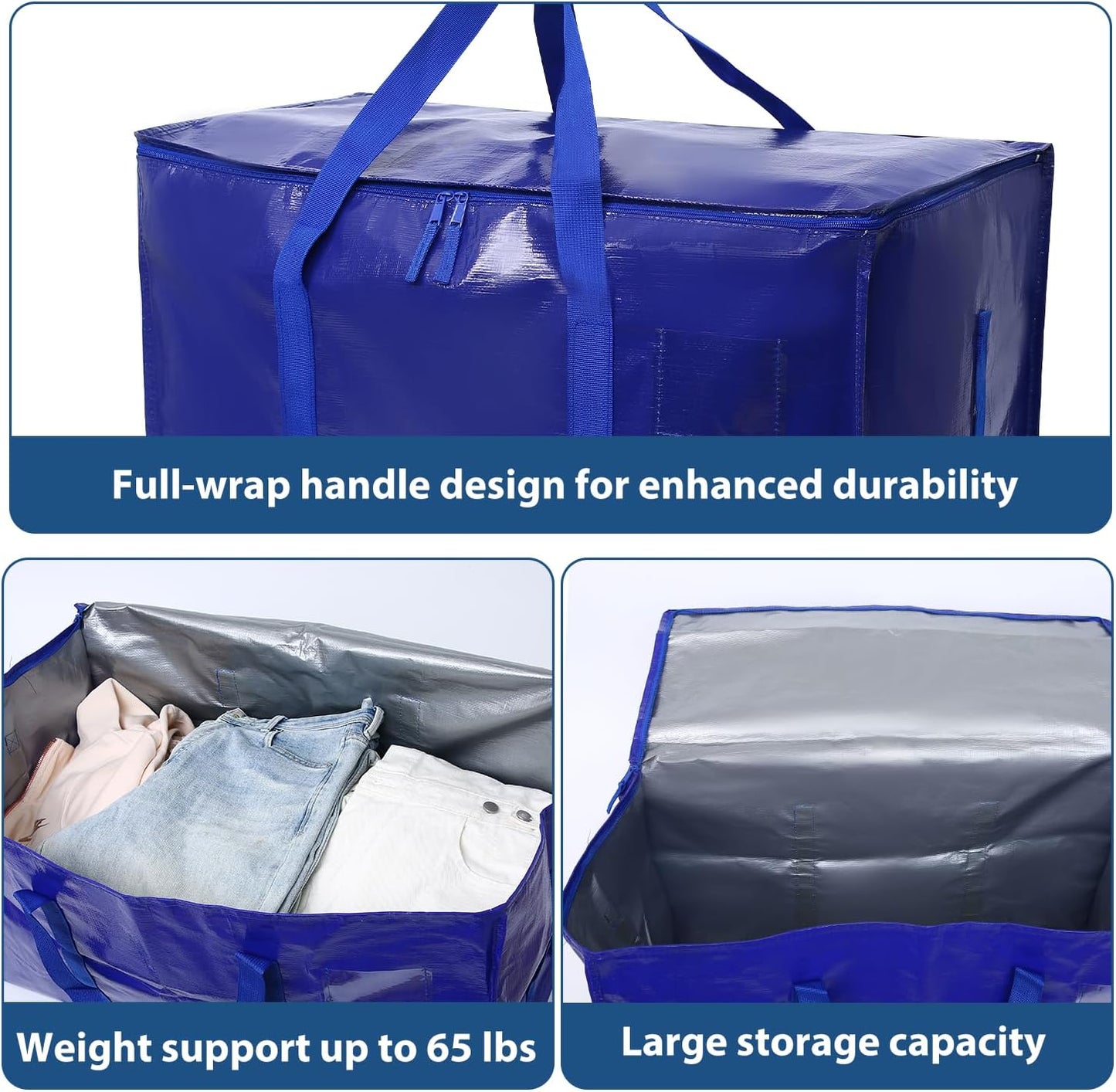 Skiennix Heavy-Duty Extra Large Moving Bags - Waterproof Storage Totes with Handles & Zippers | 6 Pack (Blue)