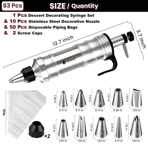 Dessert Decorating Syringe Set Icing Piping Kit Frosting Piping Kit Stainless Steels Cake Decorating Kit with 10 food grade stainless steel piping tips & 50 Disposable Piping Bags Black