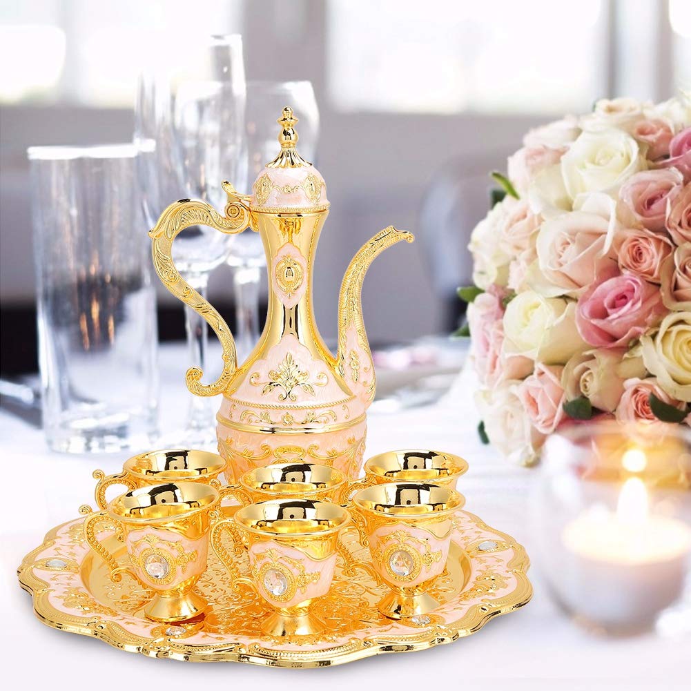 LIZEALUCKY Vintage Metal Turkish Coffee Pot Set Turkish Tea Set with 6 Luxury Coffee Cups and Craft Tea Tray Teapot for Serving Tea Zamzam Coffee Cappuccino, Turkish Teapot for Wedding Gift(Gold)