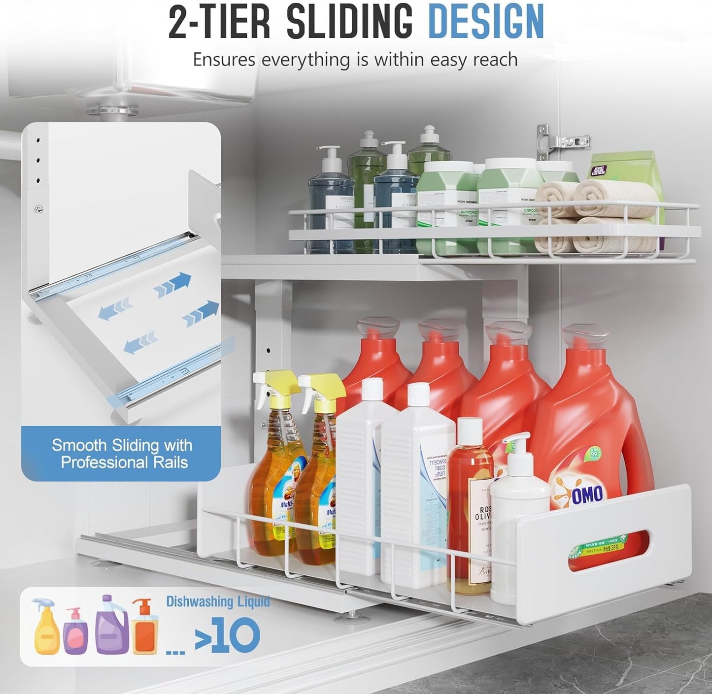 Under Sink Organizer | Professional 2-Tier Dual Pull-Out Cabinet Storage - Height Adjustable Drawers, 2 Pack, White
