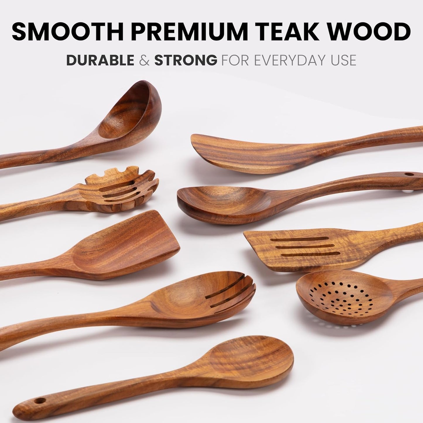 Zulay Kitchen 9-Piece Teak Wooden Utensil Set - Natural Non-Stick Cooking Tools in Premium Gift Box
