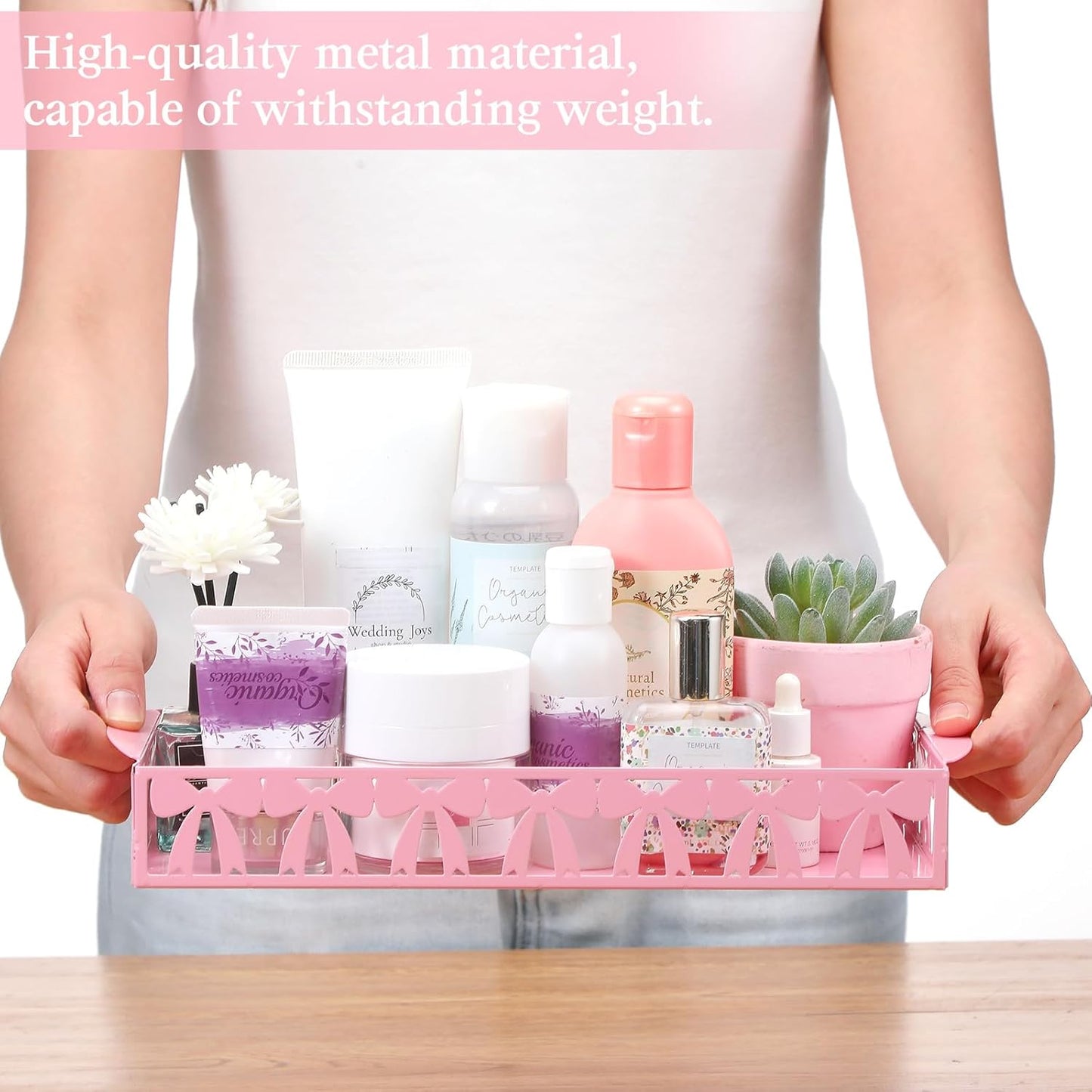 Skiennix Pink Bow Toilet Paper Basket - Cute Metal Holder with Handle for Stylish Bathroom Storage