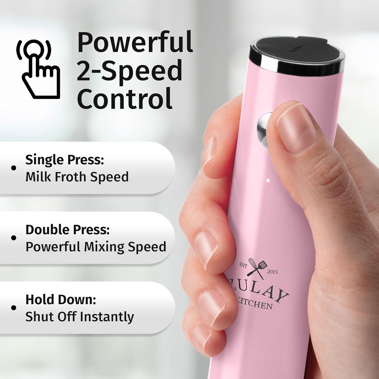 Zulay Kitchen Rechargeable Milk Frother - Powerful 2-Speed Motor, Waterproof, 2000mAh Battery | Pink Bubblegum for Lattes & Cappuccinos
