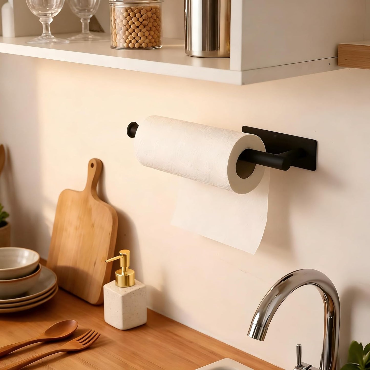 Skiennix Paper Towel Holder - No Drilling, Self-Adhesive Wall Mount for Kitchen - 304 Stainless Steel (Black)