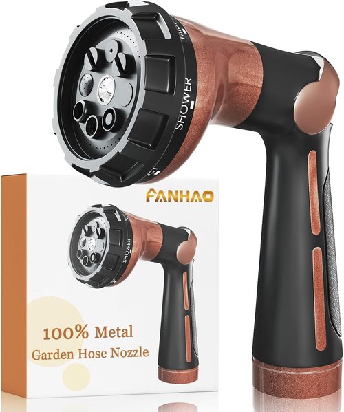FANHAO Heavy Duty Metal Garden Hose Nozzle - 8 Spray Patterns with Thumb Control | Brown
