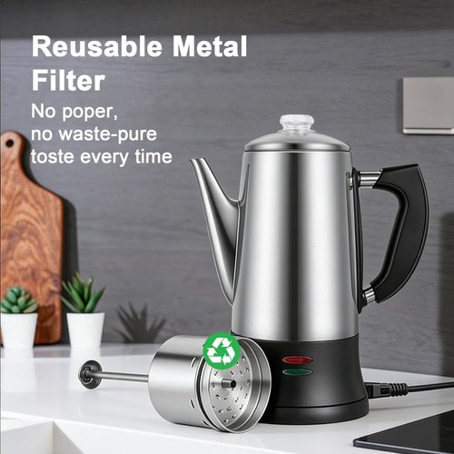 Electric coffee maker, 12-cup capacity, stainless steel construction, automatic heating with boil-dry protection, heat-resistant handle design, 360° swivel base, transparent brewing indicator.