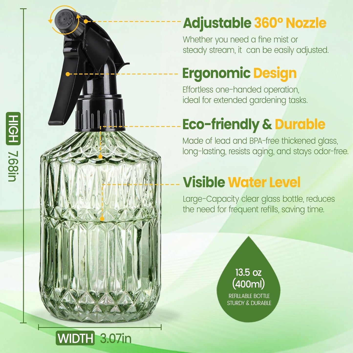 Skiennix Glass Plant Mister Bottle - 13.5 oz Refillable Leak-Proof Spray for Indoor Plants & Gardening | Adjustable Mist Nozzle (Green)
