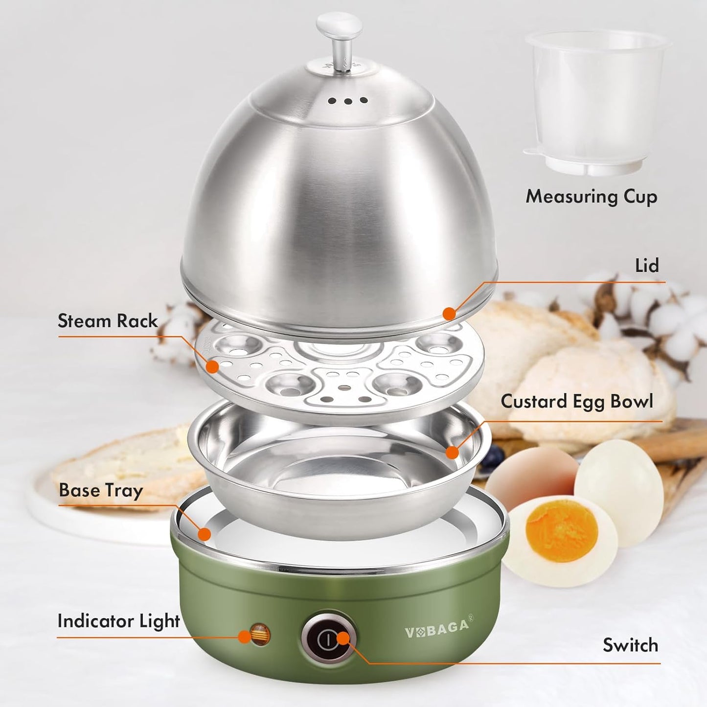 VOBAGA Electric Egg Cooker - Rapid Egg Boiler with Auto Shut Off | 7-Egg Capacity, Stainless Steel Tray, Green