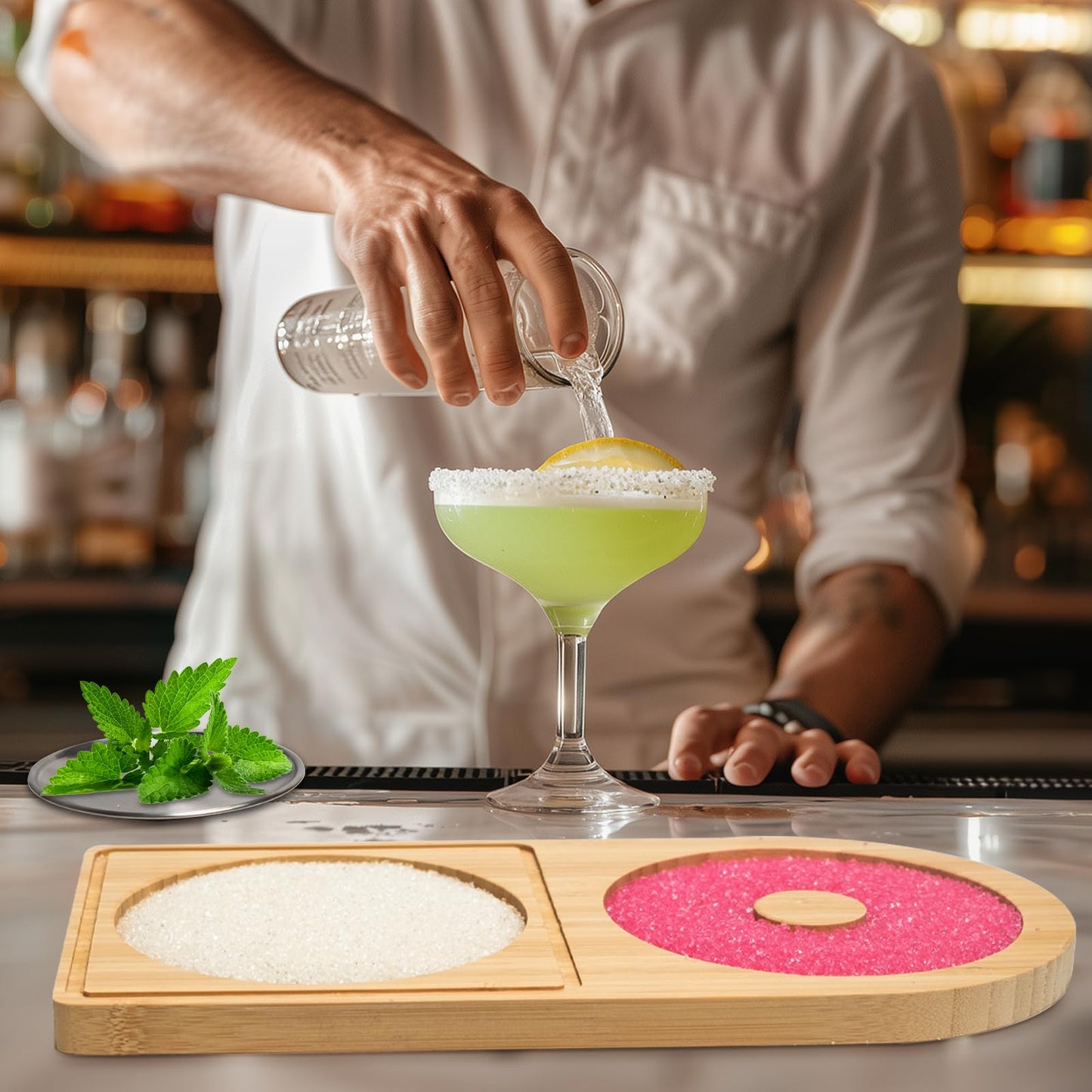 Mugvell Margarita Salt Rimmer Set, Sugar and Salt Rimmer for Cocktails, Bartender Tool with Wood Bamboo Glass Rimmer for up to 5.1" Rims, Essential Margarita Set for Party Bar Celebration