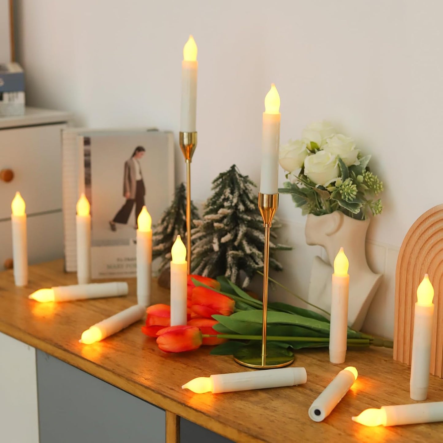 MUMCHASI Flameless Candles - Battery Operated Flickering LED Taper Candlesticks | 6-Inch, 12-Pack for Weddings & Decor