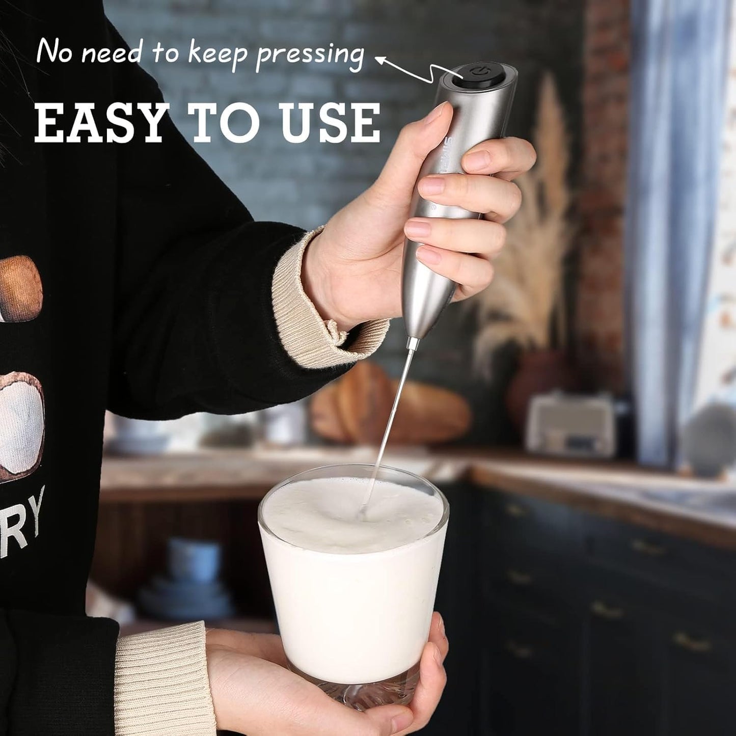 SimpleTaste Handheld Electric Milk Frother - Stainless Steel Whisk for Cappuccino & Latte - Gray with Stand