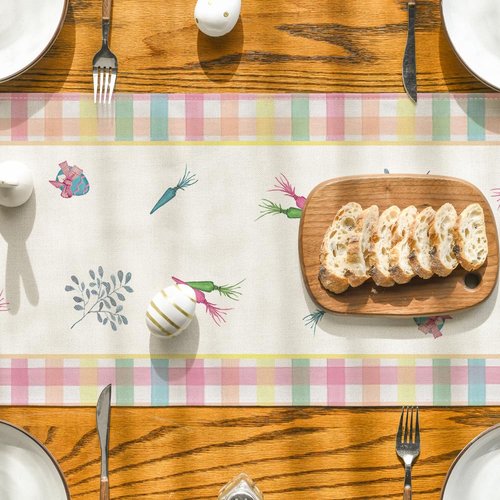 Artoid Mode Green Blue Pink Buffalo Plaid Bunny Happy Easter Table Runner, Spring Kitchen Dining Table Decoration for Home Party Decor 13x72 Inch