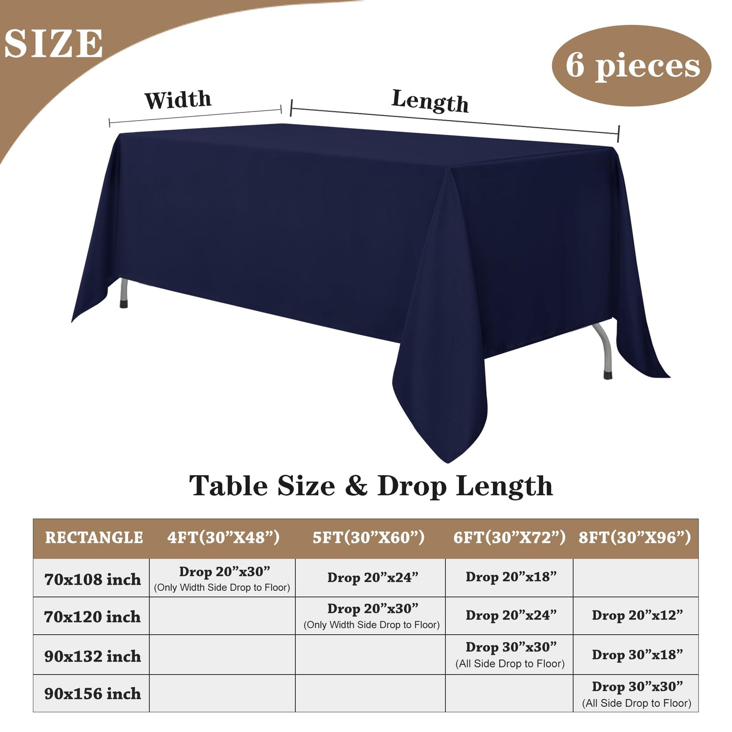 Fitable Navy Tablecloths for 6-8 Foot Tables, 6 Pack - 70 x 120 Inches - Reusable and Washable Table Clothes, Polyester Fabric Table Covers for Wedding, Party, Banquet