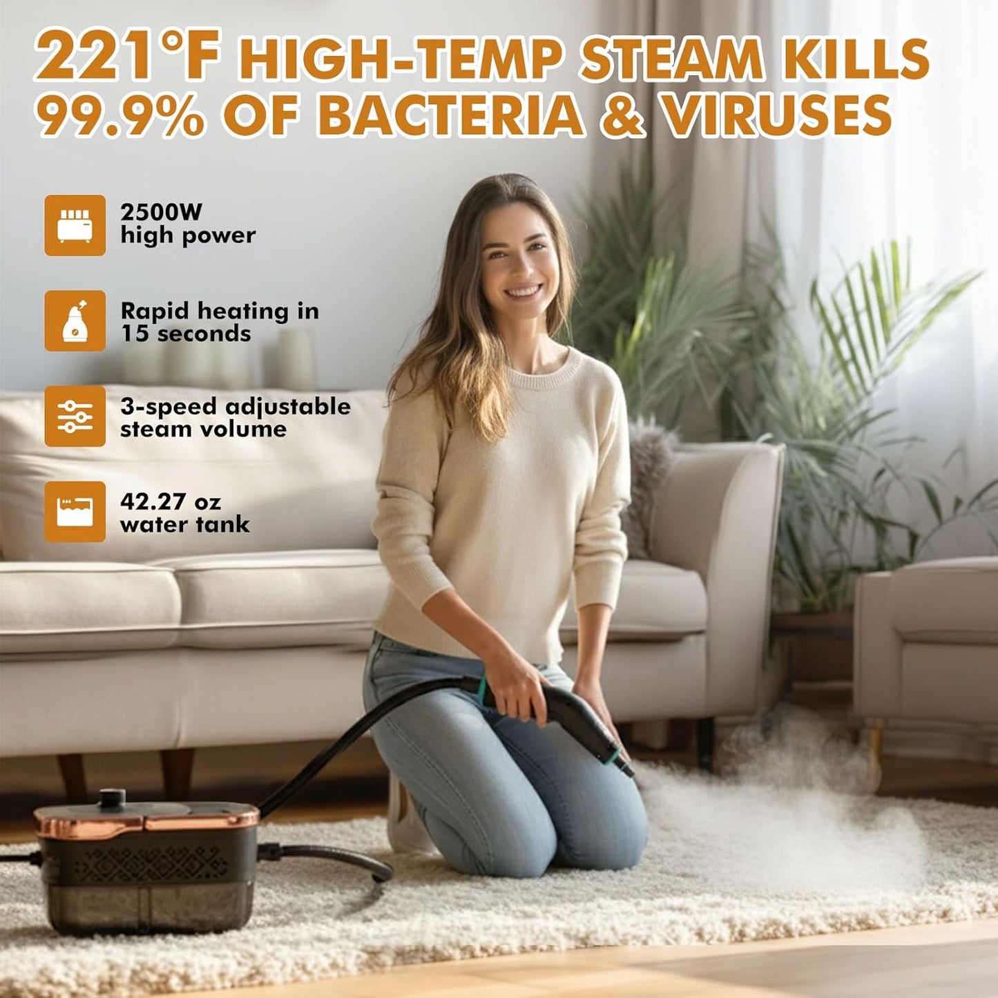 Skiennix Handheld Steam Cleaner - 15s Heat-Up, 42.27oz Tank, 2500W Power with 15 Accessories for Home Cleaning