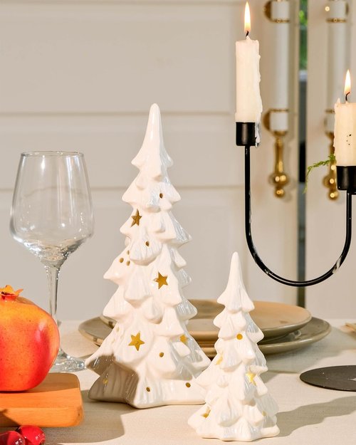 DN DECONATION White Ceramic Christmas Trees - 2Pcs Prelit Tabletop Decor with Stars & Dots Cutouts