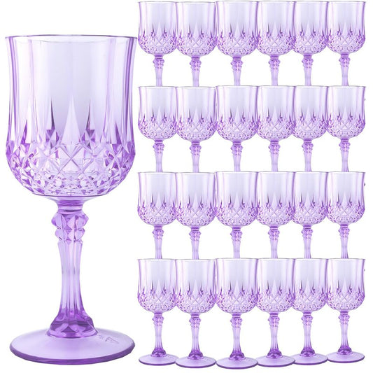 LEYIQU Plastic Wine Glasses, Plastic Goblets Vintage Style Cordial Unbreakable Drinking Glasses, Reusable Drinkware for Wedding Reception, Grand Event Party Supplies (24, Purple)