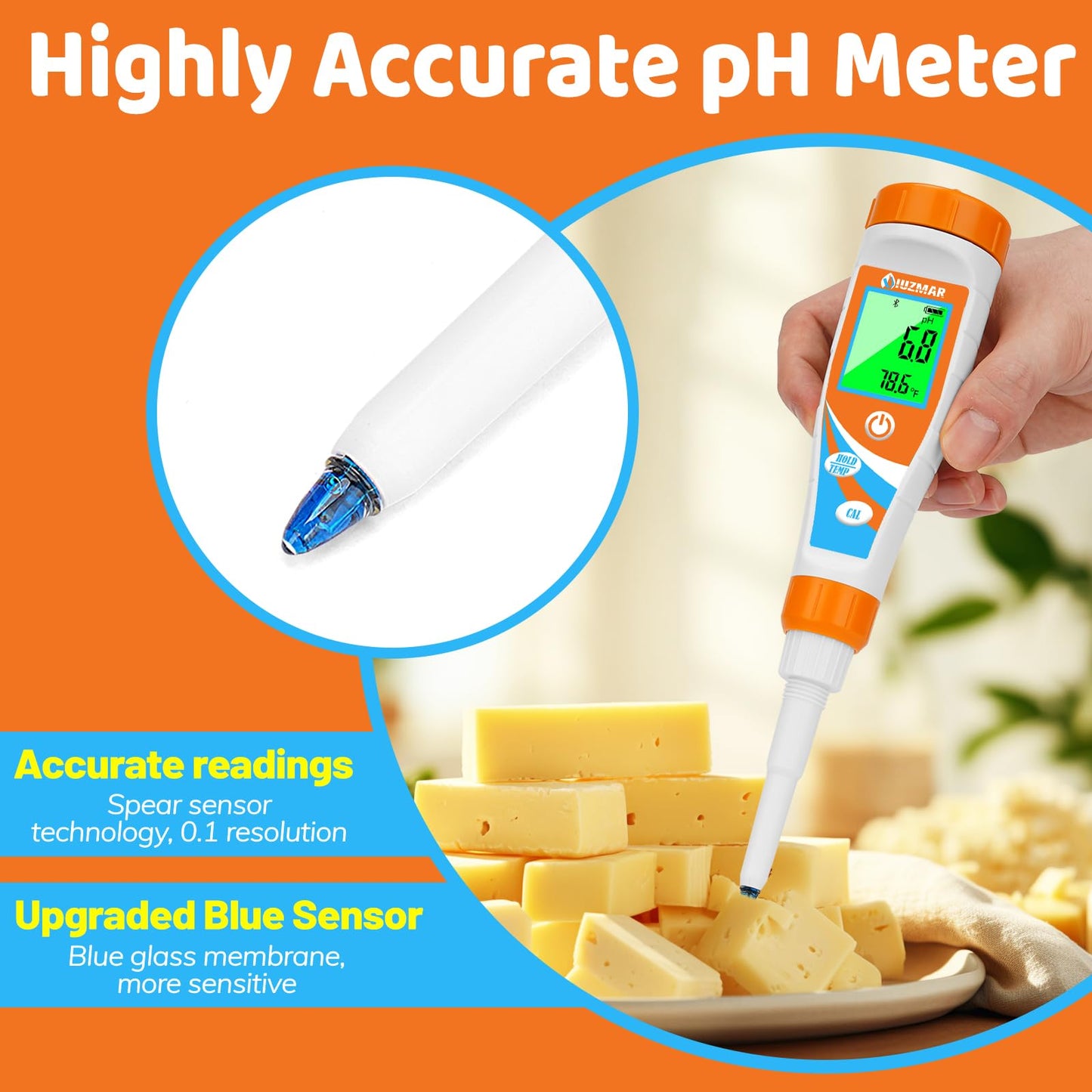 UIUZMAR Smart pH Meter for Food pH Test Kit for Sourdough and Bread Dough Professional Spear Sensor Food Tester Digital pH Meter for Sausages Meat Cheese Sushi Rice and Other Solid Semi-Solid