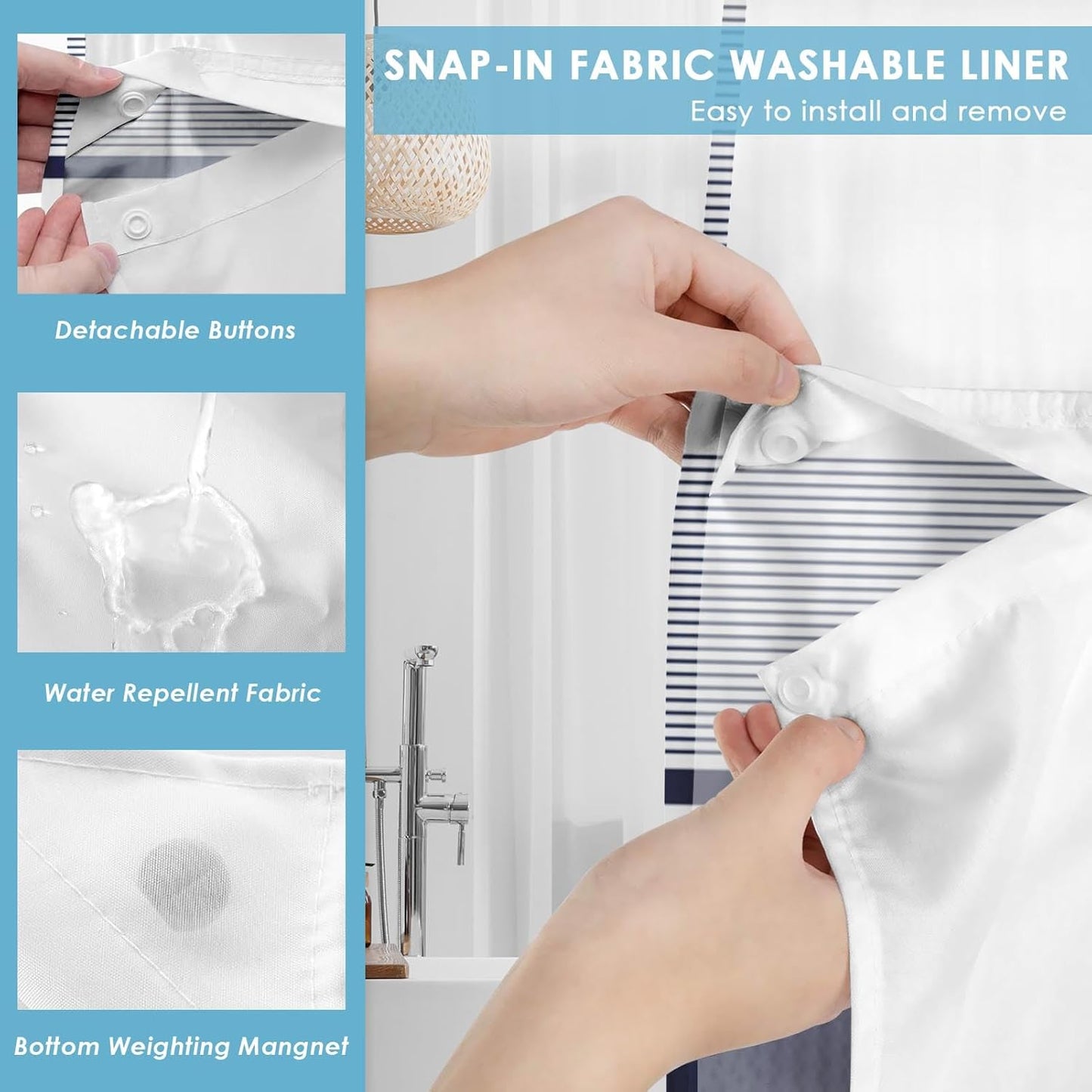 No Hook Navy Blue Shower Curtain - Boho Striped Waterproof Fabric with Snap-In Liner | 71x74 Inch