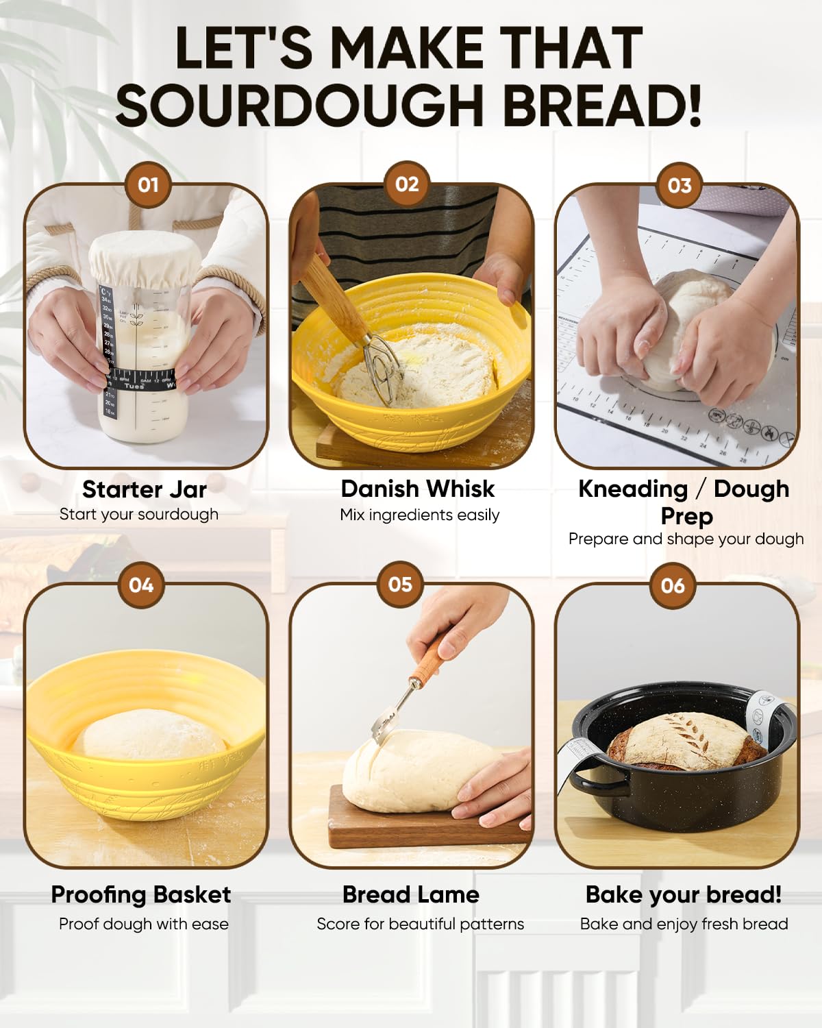 Sourdough Starter Kit for Beginners, 34 oz Starter Jar with Scale Marking, 2 Silicone Proofing Baskets, Complete Bread Baking Kit with Guide & Recipes, Easy to Use & Clean - Yellow