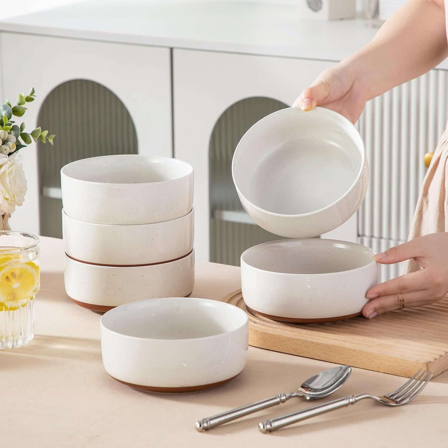 MALACASA Cereal Bowls Set of 6 - 24 OZ Ceramic Kitchen Bowls | Dishwasher & Microwave Safe, Khaki White