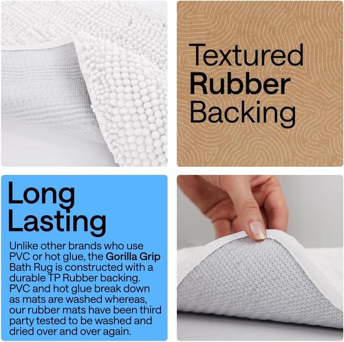 GORILLA GRIP Plush Chenille Bath Rug Mat - Soft, Absorbent, Machine Washable | White, Square Toilet Base