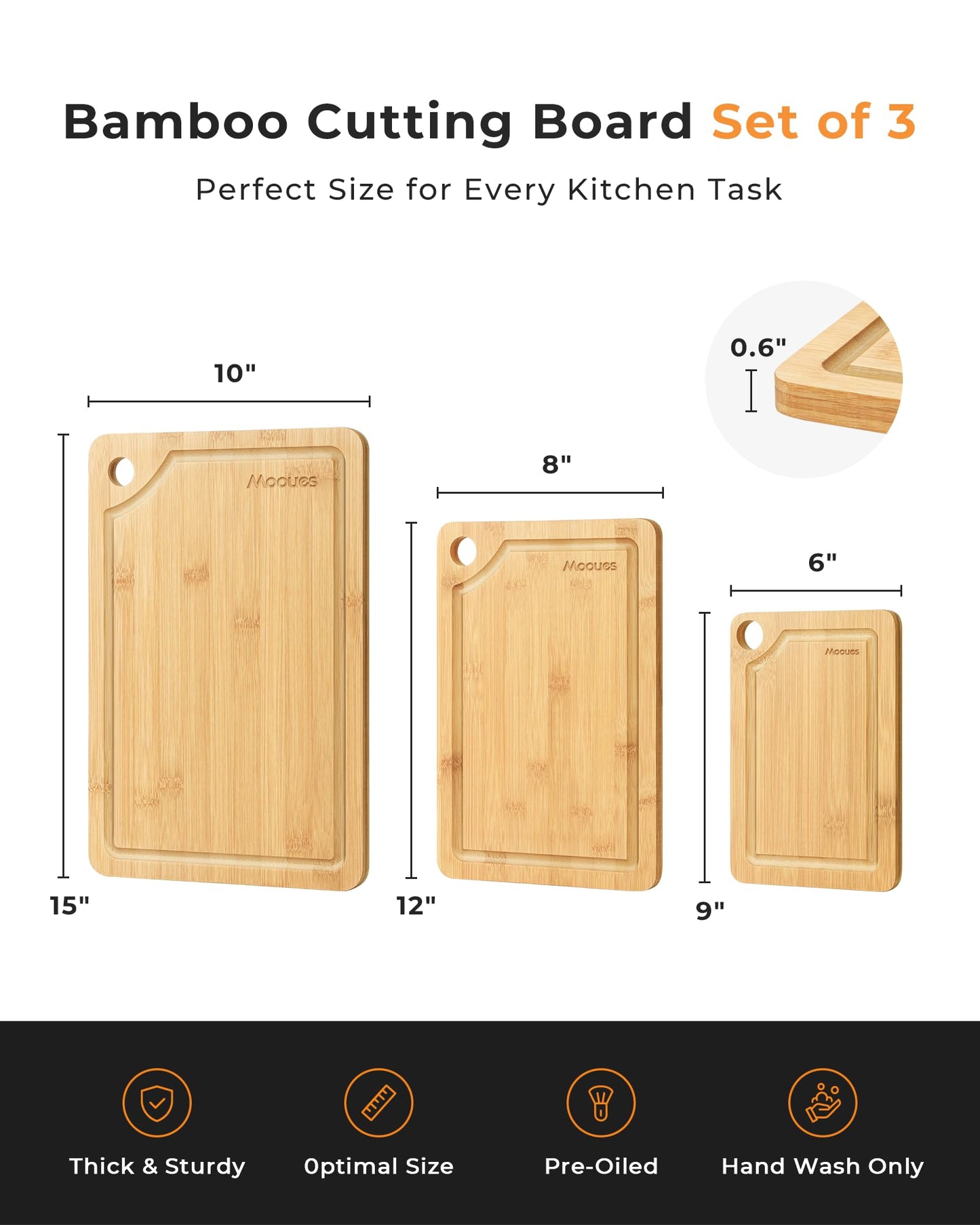 Bamboo Cutting Board for Kitchen, Knife-Friendly Wooden Cutting Boards Set 3-Piece with Juice Groove, Durable Chopping Boards for Meat, Vegetables, Fruits, Cheese(Natural)