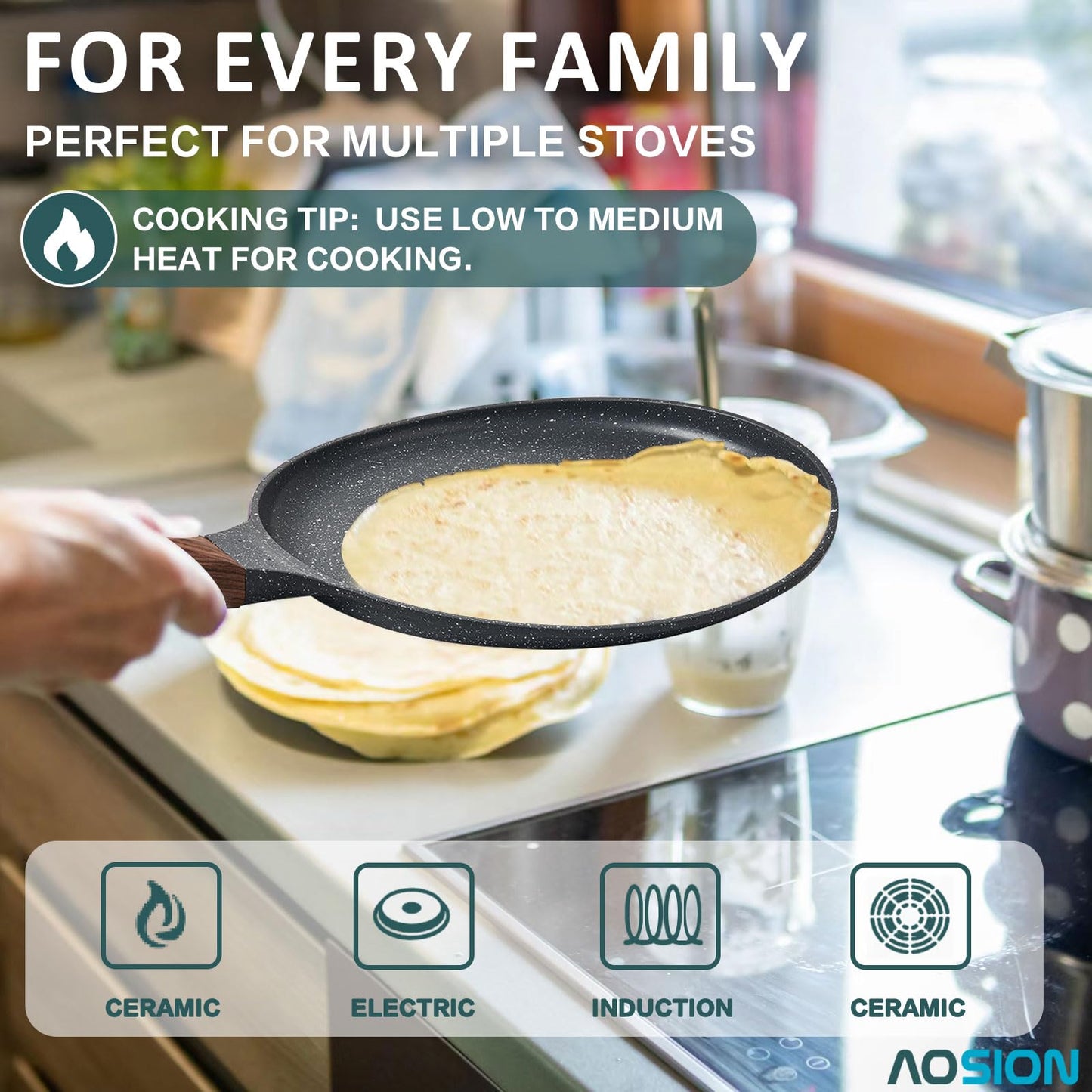 AOSION Nonstick Crepe Pan 9.5 inch,Ceramic Crepe Pan,Dosa Tawa Pan, Ceramic Coated PFOA-Free, Ergonomic Handle, With Pancake Tools, Forged Aluminum Induction Safe