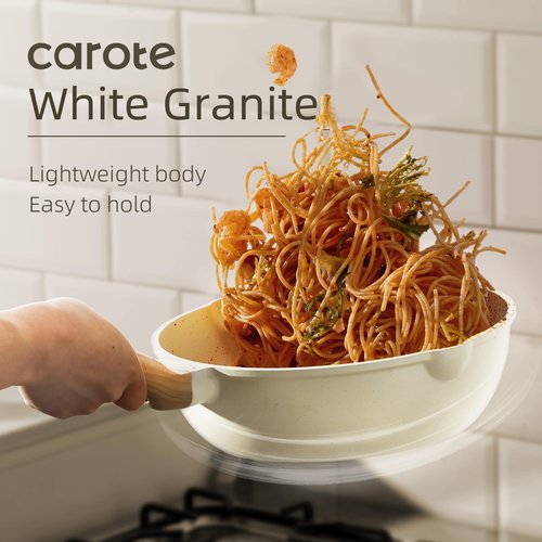 CAROTE 16 Piece Pots and Pans Set Nonstick, White Granite Cookware Sets Induction Cookware, Non Stick Cooking Set w/Frying Pans & Saucepans (PFOS, PFOA Free)