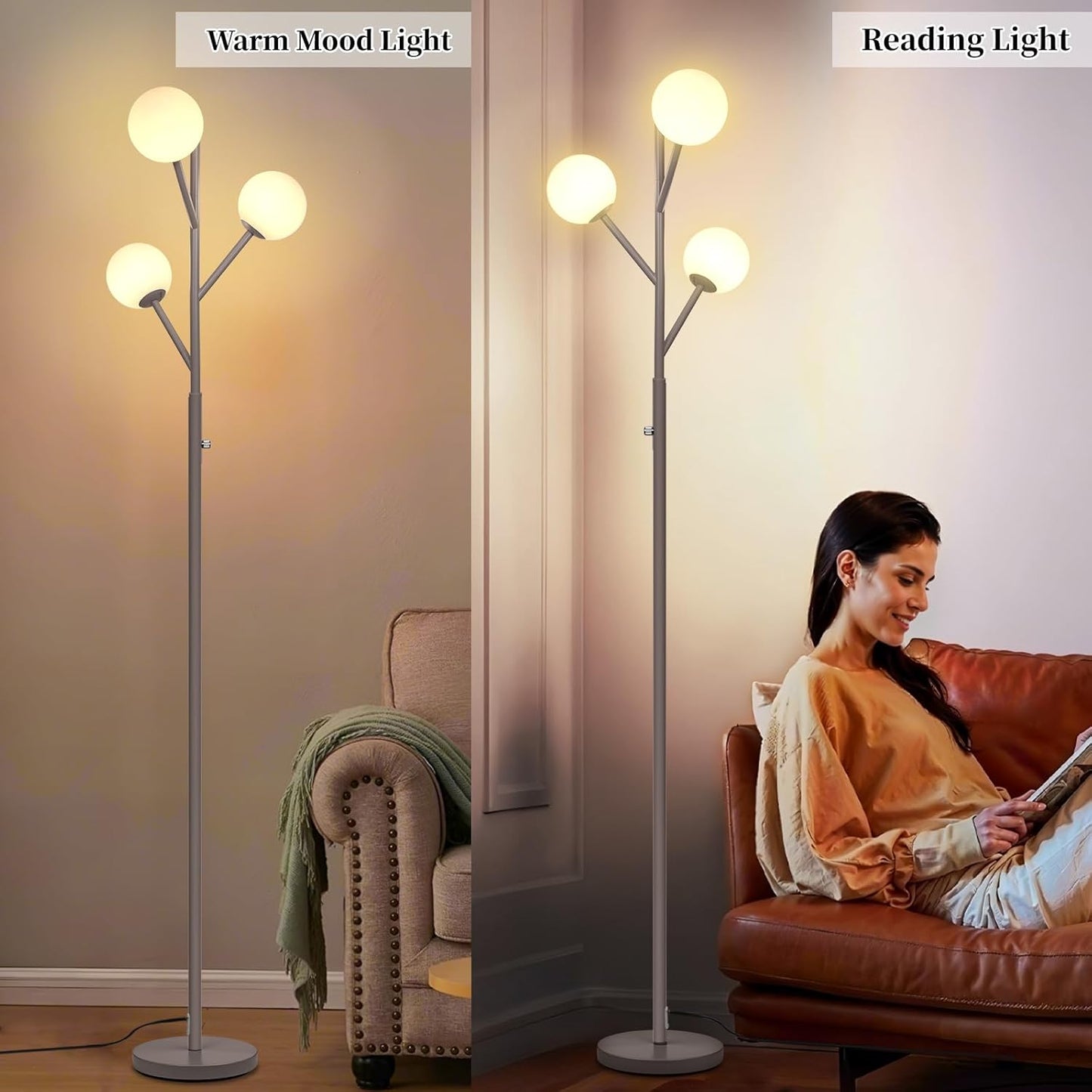Globe Mid Century Tree Floor Lamp with 3 Light Bulbs,70in Tall Standing Glod Floor Lamp with Frosted Glass Shade for Living Room,Office,Bedroom, Study Room, Hotel, Antique Brass Lighting