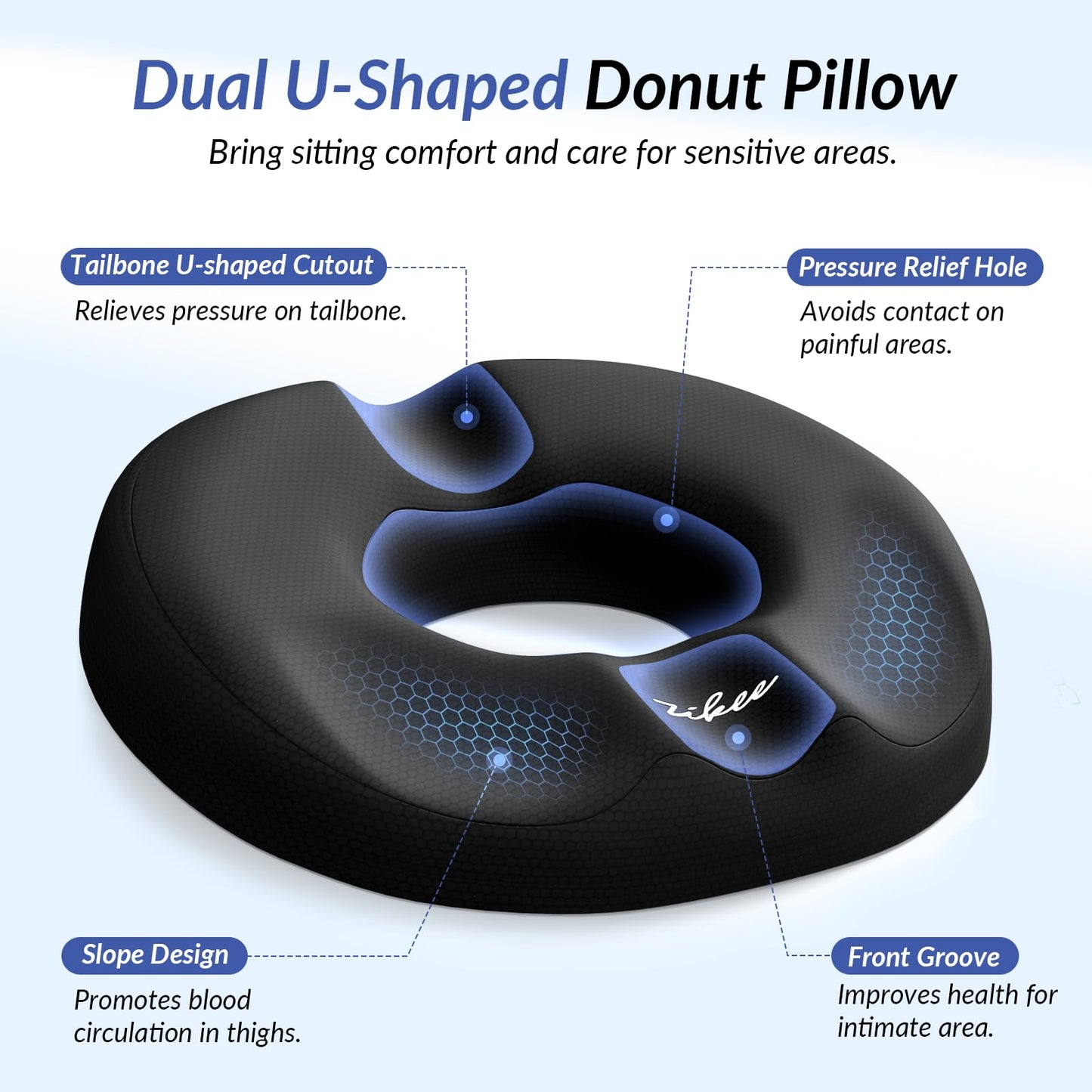 ZIKEE Donut Pillow Seat Cushion for Tailbone Pain, Hemorrhoid Pillow with Pressure Relief Hole & Thigh Slope Design for Postpartum & Post Surgery Sitting Relief, Donut Seat Cushion for Office & Home