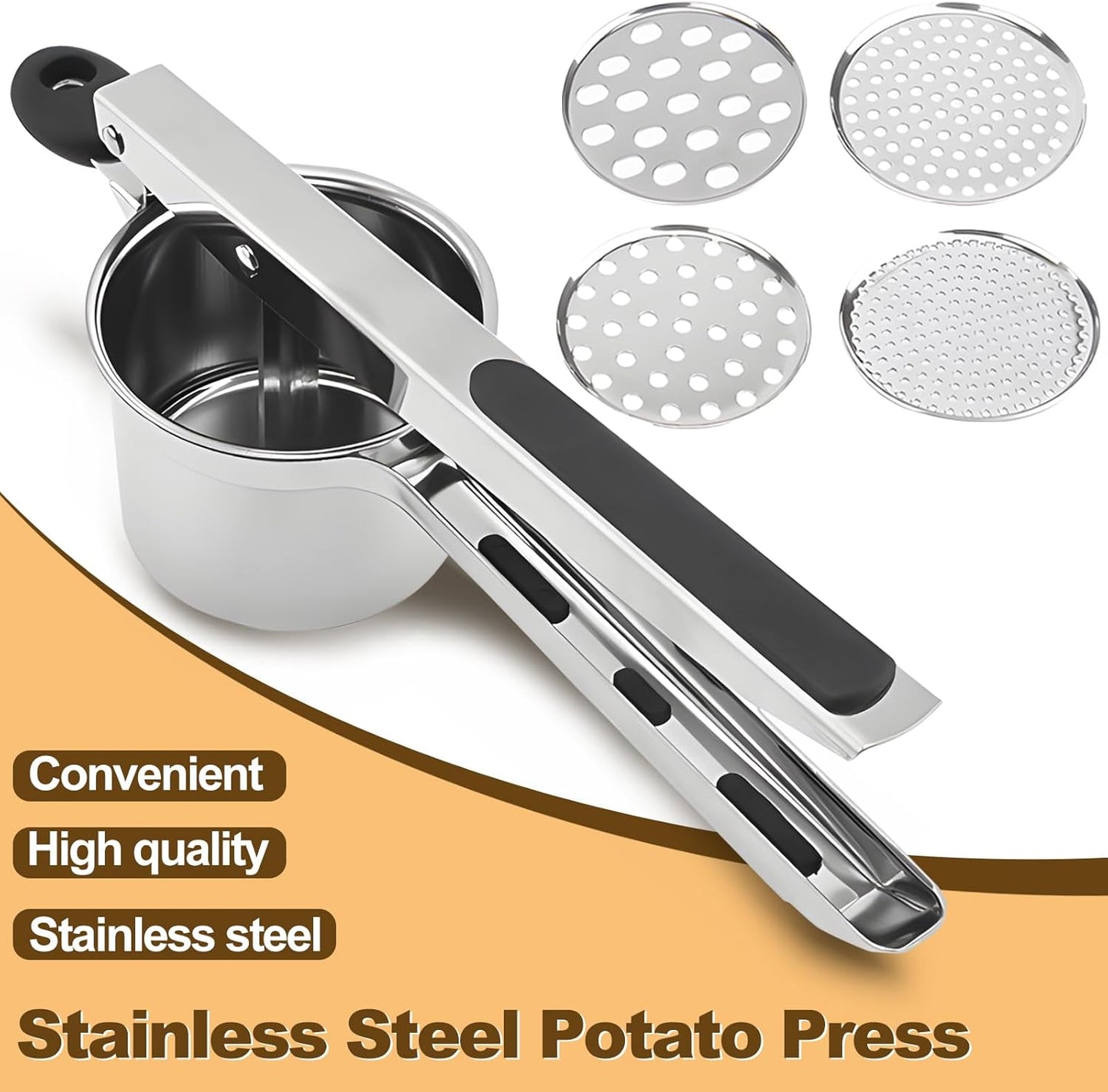 Potato Ricer - Stainless Steel Masher with 4 Interchangeable Discs | 15oz Kitchen Tool for Perfect Mashed Potatoes