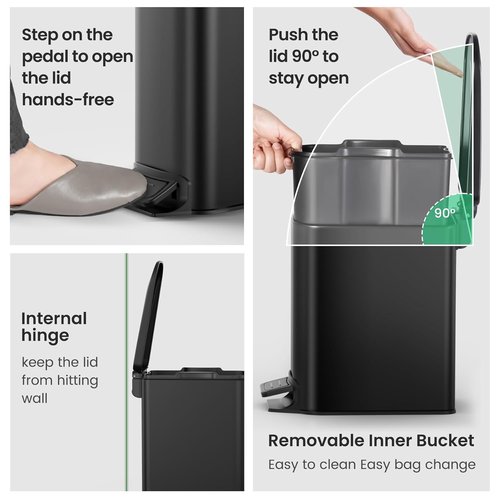 Cesun Small Bathroom Trash Can - Soft Close Lid & Step Pedal | 6L Stainless Steel, Anti-Fingerprint (Matt Black)