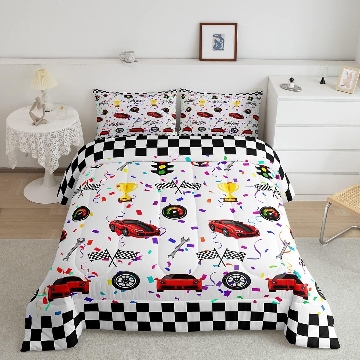 Basketball Kids Comforter Set Full Size,Geometric Basketball Court Abstract Bedding Set,Boys Girls Adults Room Decor,Ball Sports Games Down Comforter,Red Black Fashion Duvet Insert,2 Pillowcases
