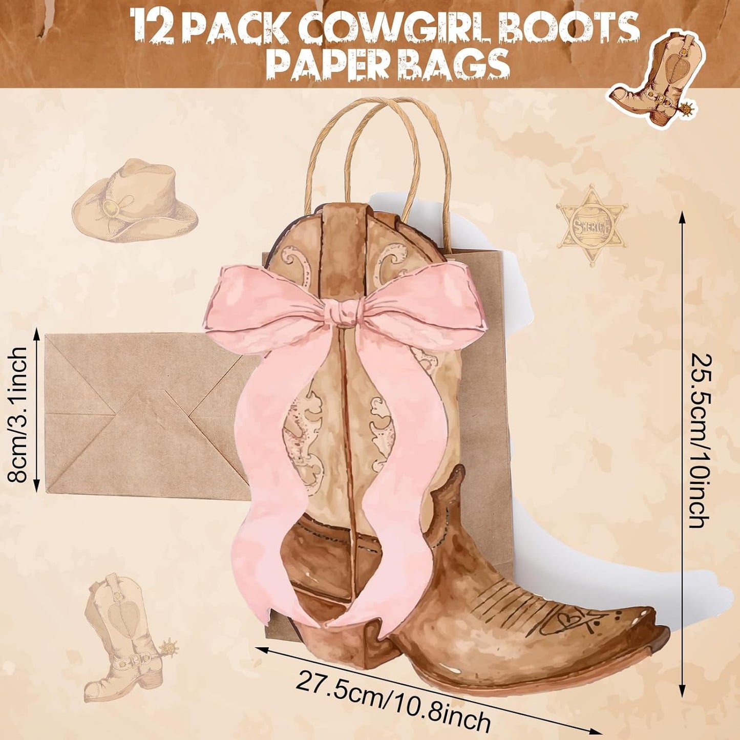 Sinload Western Gift Bags - Cowgirl Cowboy Boots Design with Pink Bow Handles | Brown Style, Perfect for Party Favors